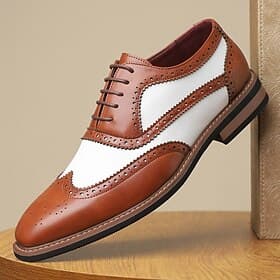 Men's Brown and White Faux Leather Oxford Shoes – Wingtip Brogue Detailing, Vintage Formal Dress Shoes for Weddings, Business and Special Occasions