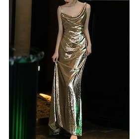 Sheath / Column Prom Dresses Glittering Dress Formal Wedding Floor Length Sleeveless Cowl Neck with Glitter