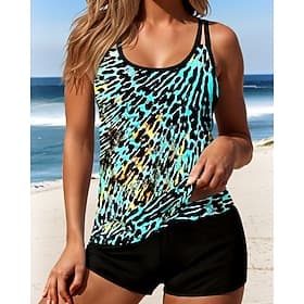 Women's Tankini 2 Piece Swimsuit Leopard Boy Leg Backless Vacation Beach Wear Polka Dot U Neck Sleeveless Bathing Suits