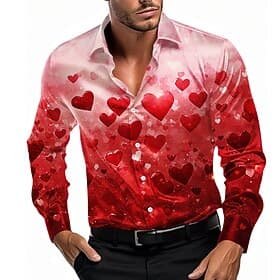 Herren Herz Liebe Farbverlauf Satinhemd Knopfhemd Langarm Modisch lässig Party Geschenk Festtage Frühling Herbst Umlegekragen 3D-Druck Rote Blau Purpur