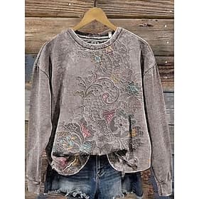 Women's Hoodies Print Floral Casual Long Sleeve Round Neck Regular Tops Casual Work Dailywear Gray Fall Winter