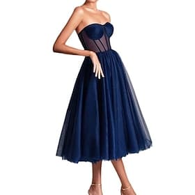 Ligne A Longueur thé Robes de Bal Fête Corsets Sans manches Coeur Bal de promo Soirée Tulle avec Froncé
