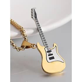 Men's Guitar Pendant Necklace – Gold and Silver Stainless Steel Rock Style Jewelry for Music Lovers and Gift Occasions