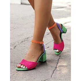 Women's Multicolor Faux Suede Open-Toe Block Heel Sandals with Adjustable Ankle Strap – Trendy and Comfortable for Summer, Parties and Casual Wear