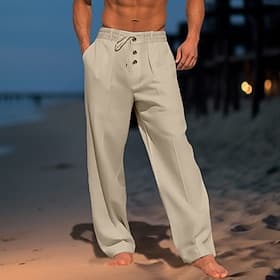 Men's Linen Pants Trousers Summer Pants Gauze Pants Drawstring Elastic Waist Straight Leg Plain Comfort Breathable Full Length Daily Holiday Beach Vacation Fas
