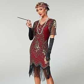 Roaring 20s 1920s Knee Length Dress Flapper Dress Prom Dress Short Sleeves The Great Gatsby Charleston Sequins Tassel Fringe V Neck Fancy Dress Women's Carniva