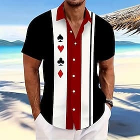 Men's Striped Poker Shirt Button Up Shirt Short Sleeve Fashion Casual Vacation Sports Outdoor Beach Wear Summer Spring Turndown Collared Shirts Black