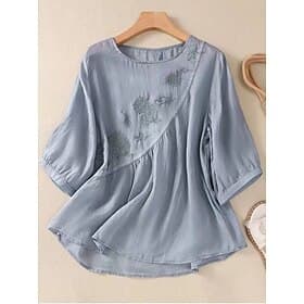 Women's Shirt Cotton Linen Shirts Blouse Faux Cotton Linen Embroidered Solid Color Basic Casual 3/4 Length Sleeve Crew Neck Regular Tops Daily Blue White Pink