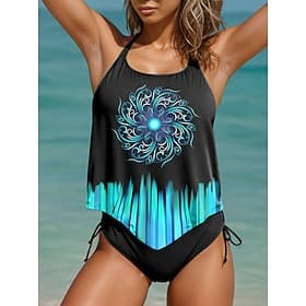 Tankini pour femmes 2 pièces maillot de bain boho culotte effrontée dos nu vacances plage ombre col rond sans manches