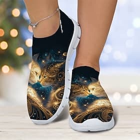 Women's Cat Print Flyknit Sneakers with Lightweight Design - Stylish Casual Shoes for Everyday Wear and Outdoor Activities