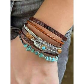 Boho Leather and Turquoise Magnetic Bracelet Wristband - Adjustable multi-layered design with feathers and gemstones, perfect for casual, summer and festival s