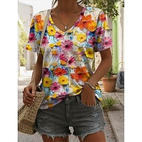 Women's T Shirt Print Floral 3D Stylish Casual Short Sleeve V Neck Regular Tops Daily Blue Red Purple Orange Green Summer