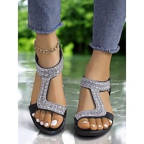 sandali con cinturino a T scintillanti per donna: sandali con zeppa comodi ed eleganti con accenti di strass, ideali per uscite informali, feste estive e occas