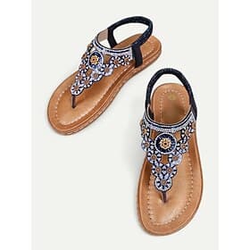Women's Beaded Floral Sandals – Stylish Boho Thong Sandals with Rhinestone Embellishments for Summer, Beach, and Casual Wear