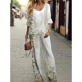 Women's 2 Pieces Basic Neon  Bright Shirt Blouse 3/4 Length Sleeve V Neck Floral Tie Dye Abstract Print Casual Linen Like Ivory Summer Regular Fit