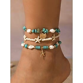 Boho Beach Anklet Set for Women – Handmade Shell  Turquoise Beaded Starfish Ankle Bracelets, Summer Foot Jewelry for Vacations  Festivals