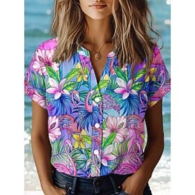 Women's Shirt V Neck Button Down Blouse Floral Elegant Vintage Tropical Short Sleeve Shirt Collar Regular Tops Daily Buttons Print Purple Summer