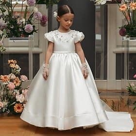 Flower Girl Dress Girls' First Communion Dress Party Dress Wedding Party Princess Sweet Christmas Carnival Ruched Solid Color Strapless Crew Neck White 4 years