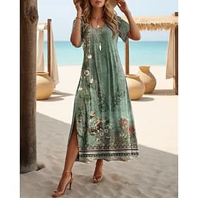 Damen Maxi Kleid T-Shirt Kleid Tee Kleid Sommerkleid Shift Kleid Sommerkleid Bohemia Urlaub Party Urlaub Regular Fit Vintage Bohemian Kurzarm Rundhalsausschnit