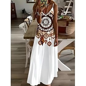 Mujer Vestido maxi Vestido informal Vestido de una línea Vestido lencero Vacaciones Vintage Étnico Diario Ajuste regular Cachemir Sin Mangas Escote en Pico Bla