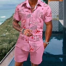 Men's Plants 2pcs Shirts Sets Summer Tops Short Sleeve Short Pants Turndown Casual Resort Outdoor Casual Daily 3D Print Summer Pink