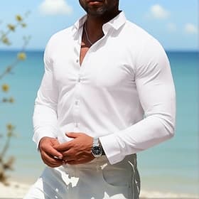 Herren Lässig Strand-T-Shirt Freizeithemd Standard Passform Langarm Revers Einfarbig Polyester Schwarz Weiß Rosa 2025