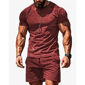 Men's Workout Set Tracksuit T shirt  Shorts Set Outfit Set Crew Neck Outdoor Daily Sports Pocket Drawstring 2 Piece Solid Color Wine Red Royal Blue Green Polye