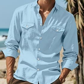 Men's Shirt Linen Shirt Summer Shirt Beach Wear Button Up Shirt Untucked Shirts Solid Color Vacation Street White Blue Green Khaki Long Sleeve Collar Clothing