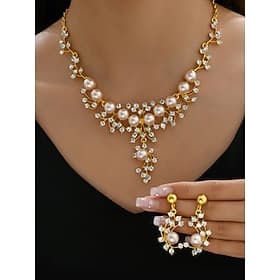 Elegant Pearl and Rhinestone Necklace and Earrings Set for Women – Bridal Jewelry for Weddings and Special Occasions