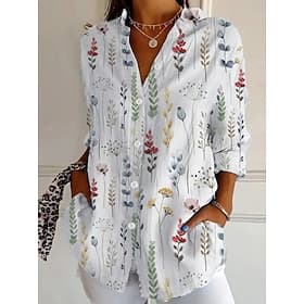 Chemise Femme Lin Comme Respirante Léger Boutonnée Tunique Col Manches Longues Florale Graphique Quotidienne Stylée Rétro Vintage Hauts Classiques Quotidiens V