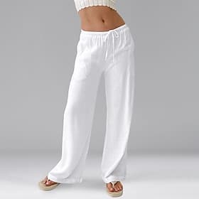 Women's 100% Cotton  Summer Pants Pants Trousers Casual Full Length Natural Elastic Waistband Elastic Drawstring Design Inelastic milk white carmine Deep Green