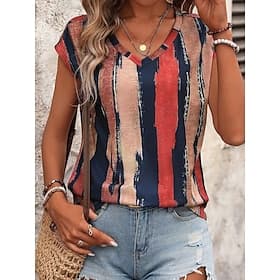 Débardeur pour femmes en camisole rayé stylé décontracté à manches courtes col en V tops réguliers quotidien impression bleu été