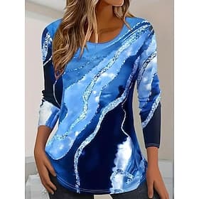Women's T shirt Long Sleeve Crew Neck Long Sleeve Tunic Ombre Marble Elegant Vintage Regular Tops Daily Going out Weekend Print Black White Pink Navy Blue Blue