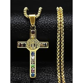 Men's Stainless Steel Gold-Plated Cross Necklace with Multi-Colored Gemstones – Religious Pendant, Stylish Chain for Everyday Wear, Gifts for Faith-Based Occas