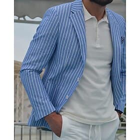 Men's Graduation Blazer Business Cocktail Party Wedding Party Fashion Casual Spring Autumn / Fall Cotton Blend Stripes Pocket Buttons Comfortable Single Breast