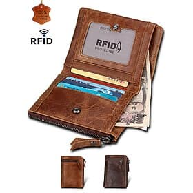 Portafoglio in pelle con blocco RFID per uomo – pelle bovina di prima qualità con chiusura a cerniera, più scomparti per carte e scomparto per banconote – acce