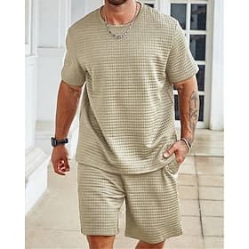 Men's Waffle Tracksuit T shirt  Shorts Set Outfit Set Crew Neck Outdoor Daily Sports Pocket Drawstring 2 Piece Plain Black White Khaki Polyester Activewear Cla