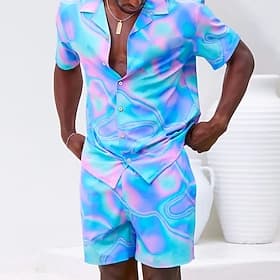 Men's Color Block Pattern 2pcs Shirts Sets Shirt Short Sleeve Short Pants Cuban Collar Vacation Casual Daily Party Casual Daily 3D Print Summer Robin's Egg Blu