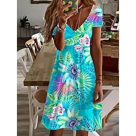 Women's Mini Dress Casual Dress Elegant Tropical Hawaiian Daily Regular Fit Floral Short Sleeve Crew Neck Blue White Pink Light Red Summer