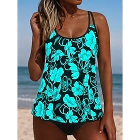 Women's Tankini 2 Piece Swimsuit Boho Cheeky Backless Tummy Control High Waist Slim Vacation Beach Wear Floral U Neck Sleeveless Bathing Suits