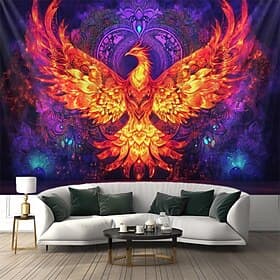 Blacklight Tapestry Glow in the Dark Glow Party UV Reactive Bohemian Totem Phenix Trippy Misty Nature Landscape Hanging Tapestry Wall Art Mural for Living Room