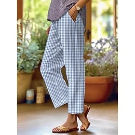Women's Cotton Linen Pants Baggy Pants Linen Like Fashion Streetwear Full Length High Waist Graphic Lattice Printing Thermal Warm Breathable Soft Micro-elastic