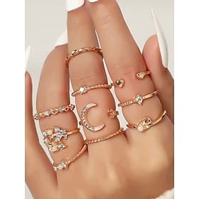 Gold-Plated Stacking Rings Set for Women – Rhinestone and Pearl-Embellished Adjustable Rings, Trendy Boho Style for Casual and Formal Occasions