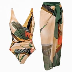 Women's Swimwear One Piece Monokini Swimsuit Tummy Control High Waist Slim Backless Vacation Beach Wear Floral V Neck Sleeveless Bathing Suits