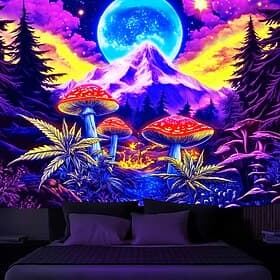 Blacklight Tapestry Glow in the Dark Glow Party UV Reactive Trippy Misty Mushrooms Mountain Nature Landscape Hanging Tapestry Wall Art Mural for Living Room Be