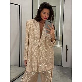 Women's 2 Pieces Suits Wedding Formal Wedding Guest Sequin Elegant Vintage Glittering Long Sleeve Floor Length Notched Lapels