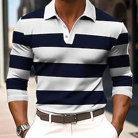 Homme Rayé Polo de rugby manche longue Polos Chemises à Col Vêtements de sport Occasionnel École Extérieur Bureau Tenue quotidienne Boutons Printemps Automne H