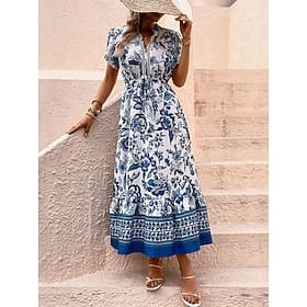 Per donna Vestito maxi Abito linea A vestito a flori Abito boho Moda Informale Da mare Informale Giornaliero Standard Floreale Manica corta A V Blu Estate Prim
