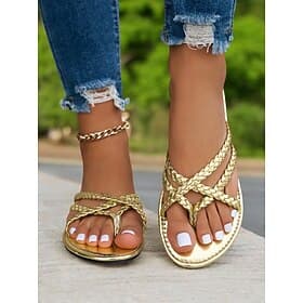 Gold Strappy Sandals for Women – Elegant Toe Loop Sandals with Braided Design and Flat Sole for Casual Summer Outfits