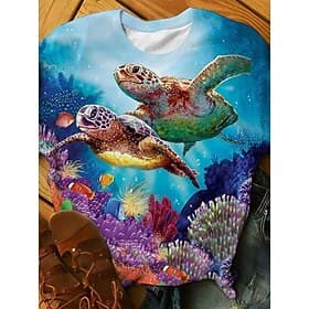 Women's T Shirt Print Ocean Sea Turtle Tropical Hawaiian Casual Short Sleeve Round Neck Regular Tops Daily Going out Beach Wedding Blue White Light Blue Summer